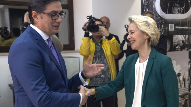 North Macedonia President Stevo Pendarovski welcomes President of the European Commission Ursula von der Leyen in Skopje 29 October 2023.